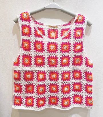 White Crochet Vest with Pink and Orange