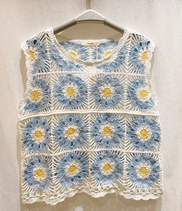 White Crochet Vest with Blue and Yellow