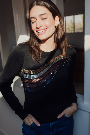 Cece Sequin Jumper in Black, Sequin Wave