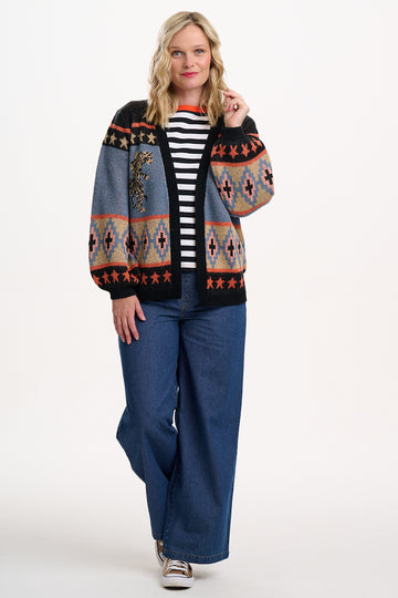 Yvette Cardigan in Black with Climbing Tiger Pattern