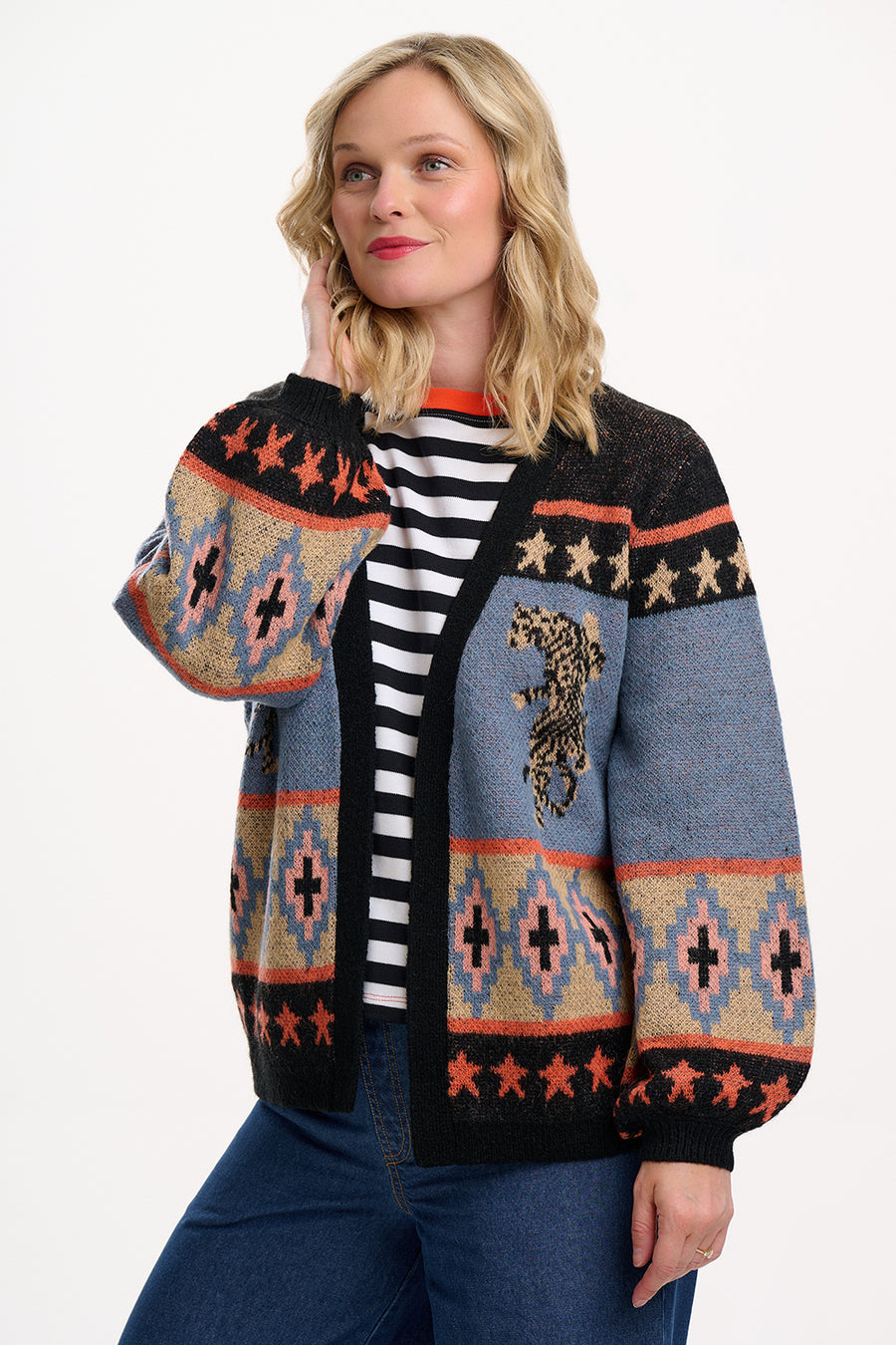 Yvette Cardigan in Black with Climbing Tiger Pattern