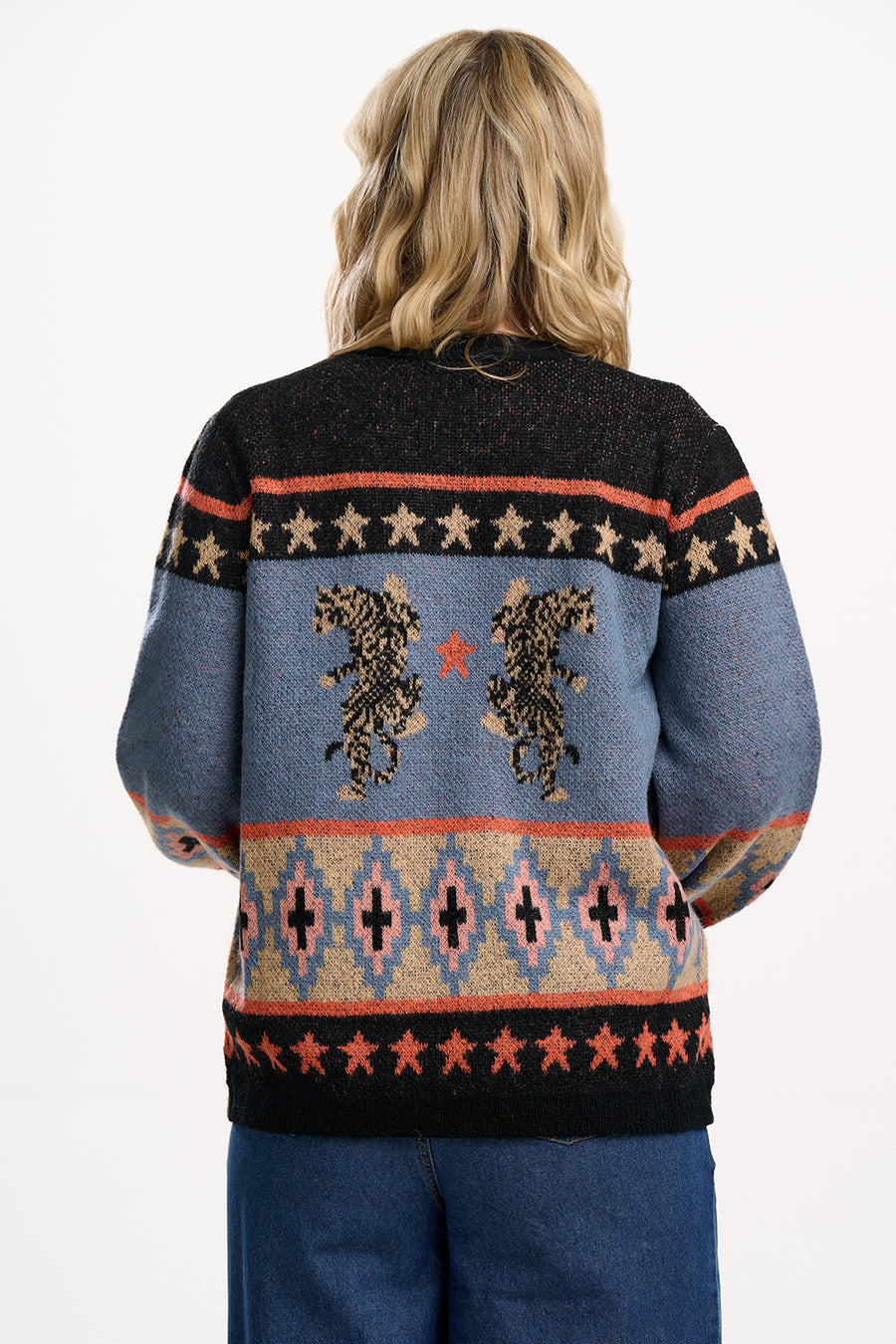Yvette Cardigan in Black with Climbing Tiger Pattern