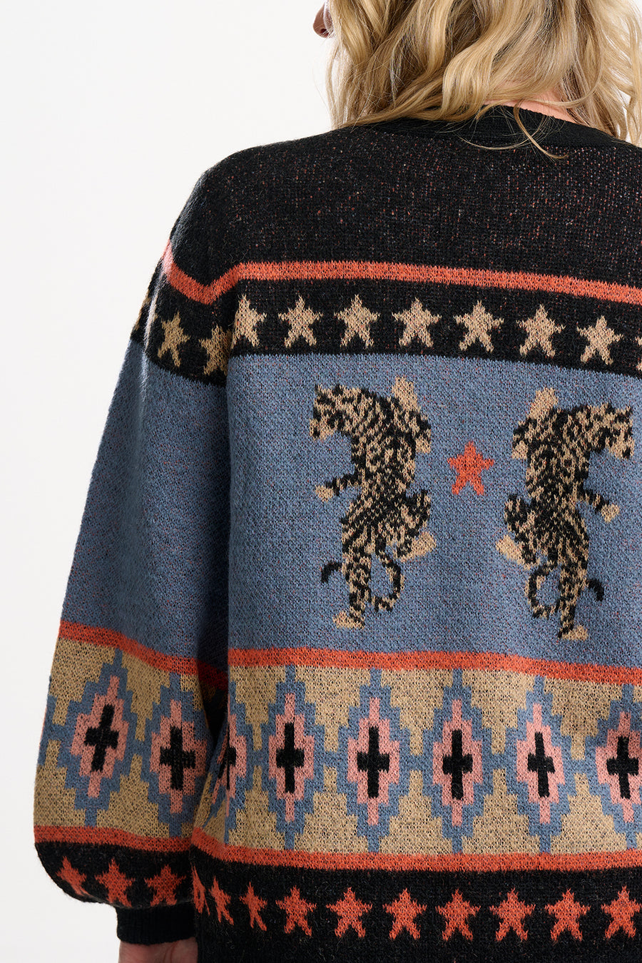 Yvette Cardigan in Black with Climbing Tiger Pattern