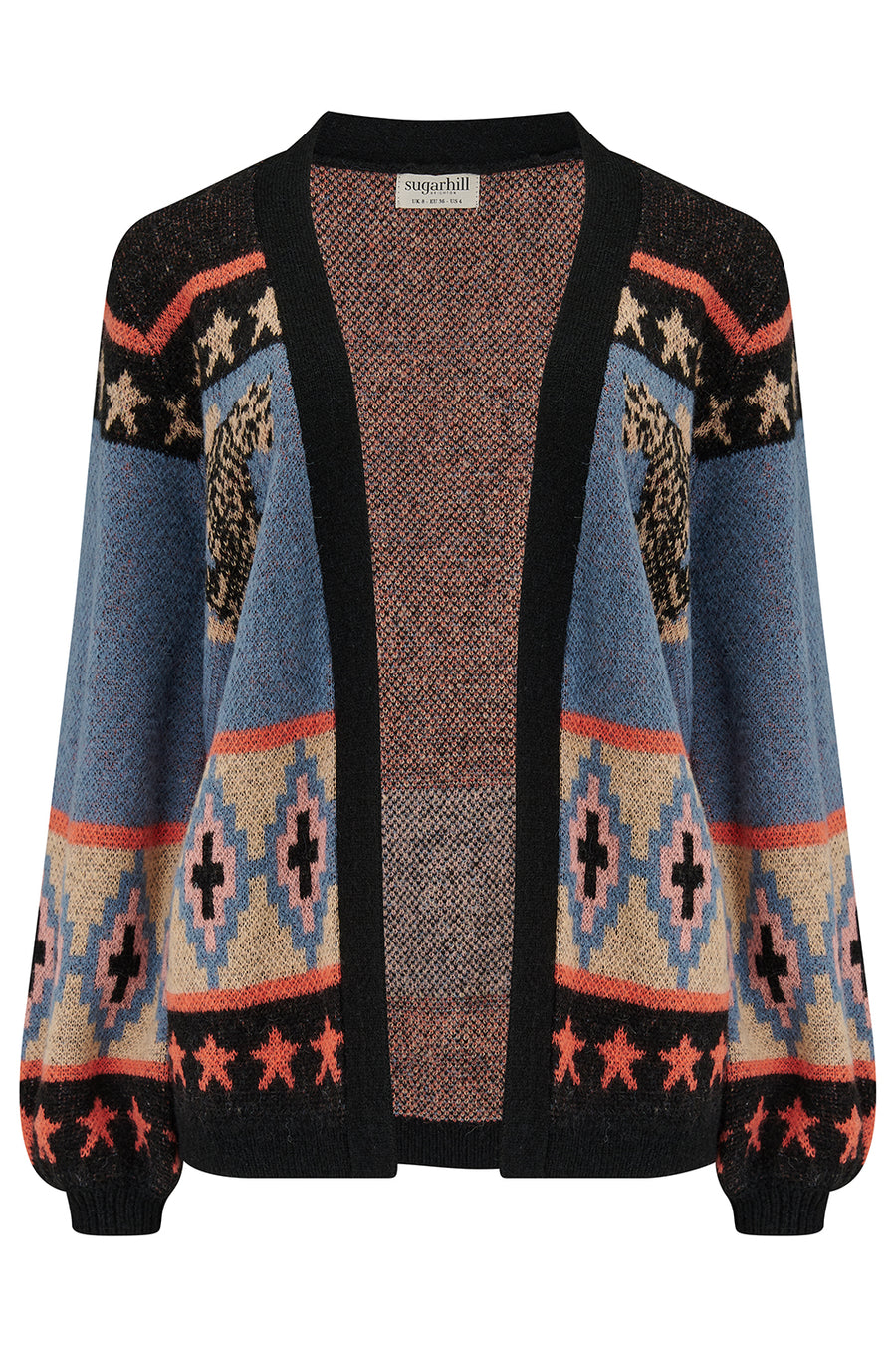 Yvette Cardigan in Black with Climbing Tiger Pattern