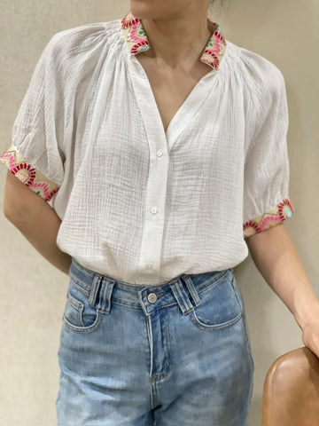 White Blouse with Embroidered Collar and Cuffs