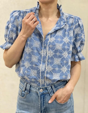 Blue Blouse with Geometric Grid Pattern