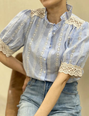 Blue Gingham Blouse with Embroidered Detail