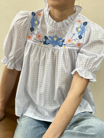 Grid Pattern Blouse with Embroidered Motif