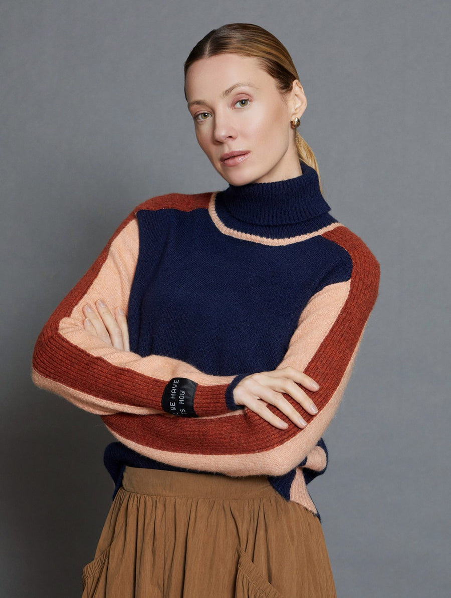 Colour Block Sweater in Navy, Peach and Rust