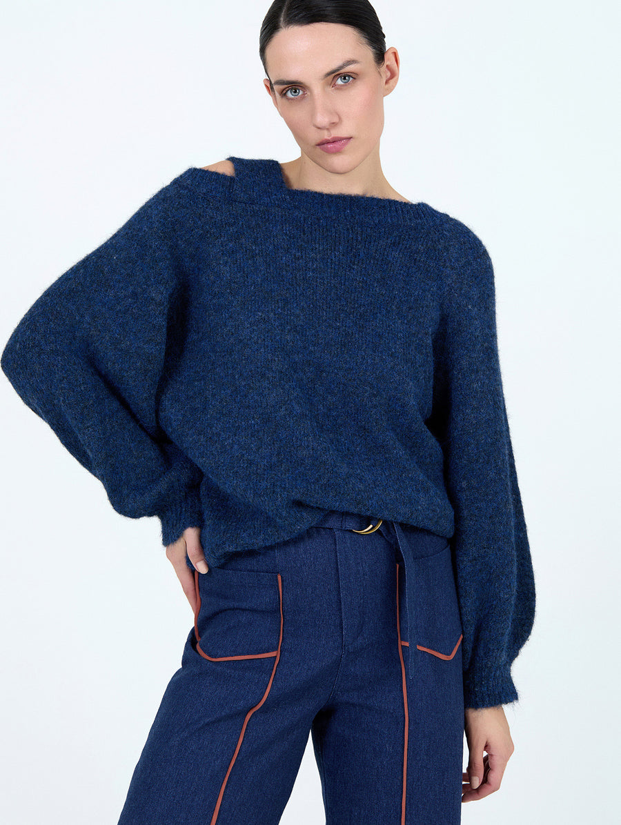 Asymmetric Neckline Sweater in Blue