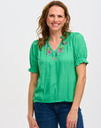 Angelique Shirred Top in Green with Rainbow Parrot Embroidery