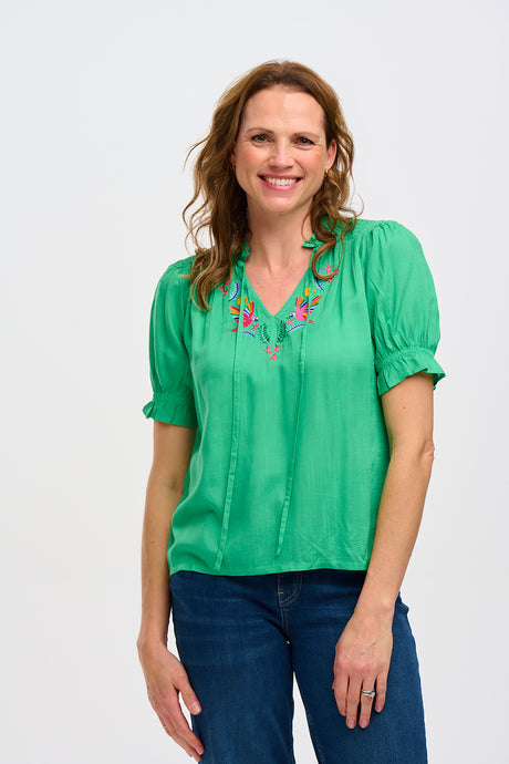 Angelique Shirred Top in Green with Rainbow Parrot Embroidery