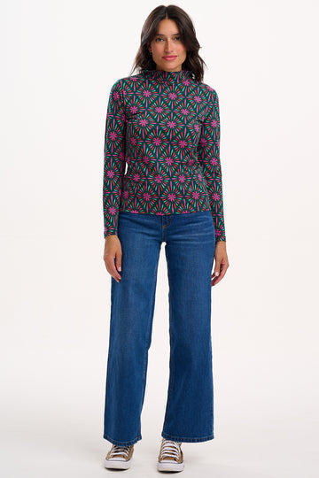 Annika Turtleneck Jersey Top in Green Multi Flower Explosion