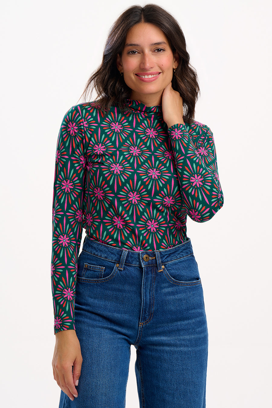 Annika Turtleneck Jersey Top in Green Multi Flower Explosion