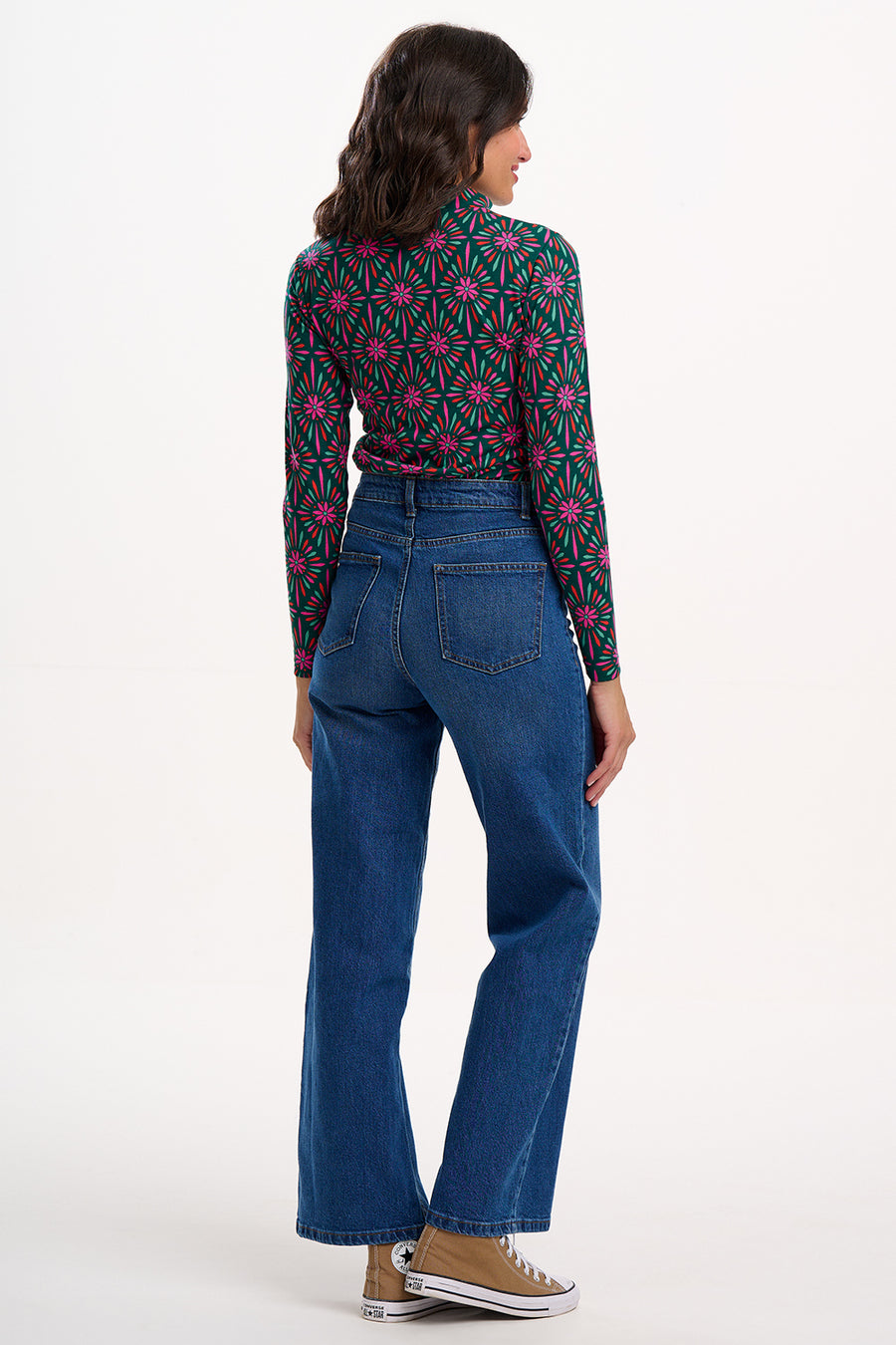 Annika Turtleneck Jersey Top in Green Multi Flower Explosion