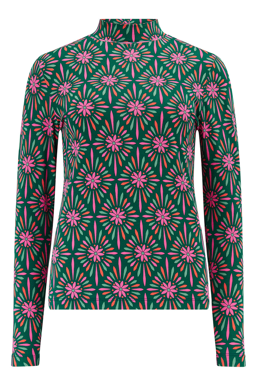 Annika Turtleneck Jersey Top in Green Multi Flower Explosion
