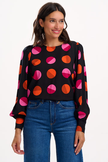 Ronnie Puff Sleeve Top in Black | Split Polka Dot