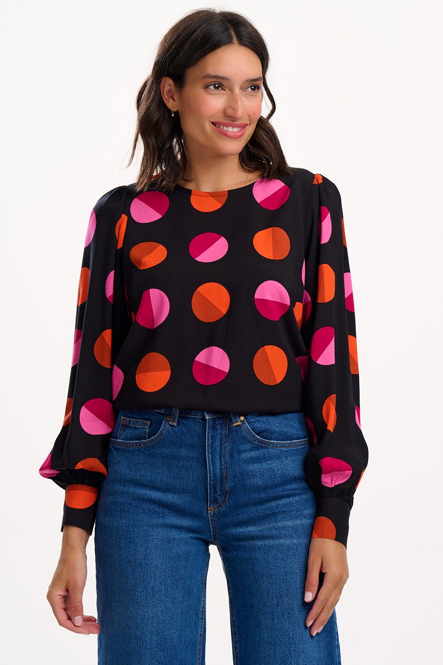 Ronnie Puff Sleeve Top in Black | Split Polka Dot