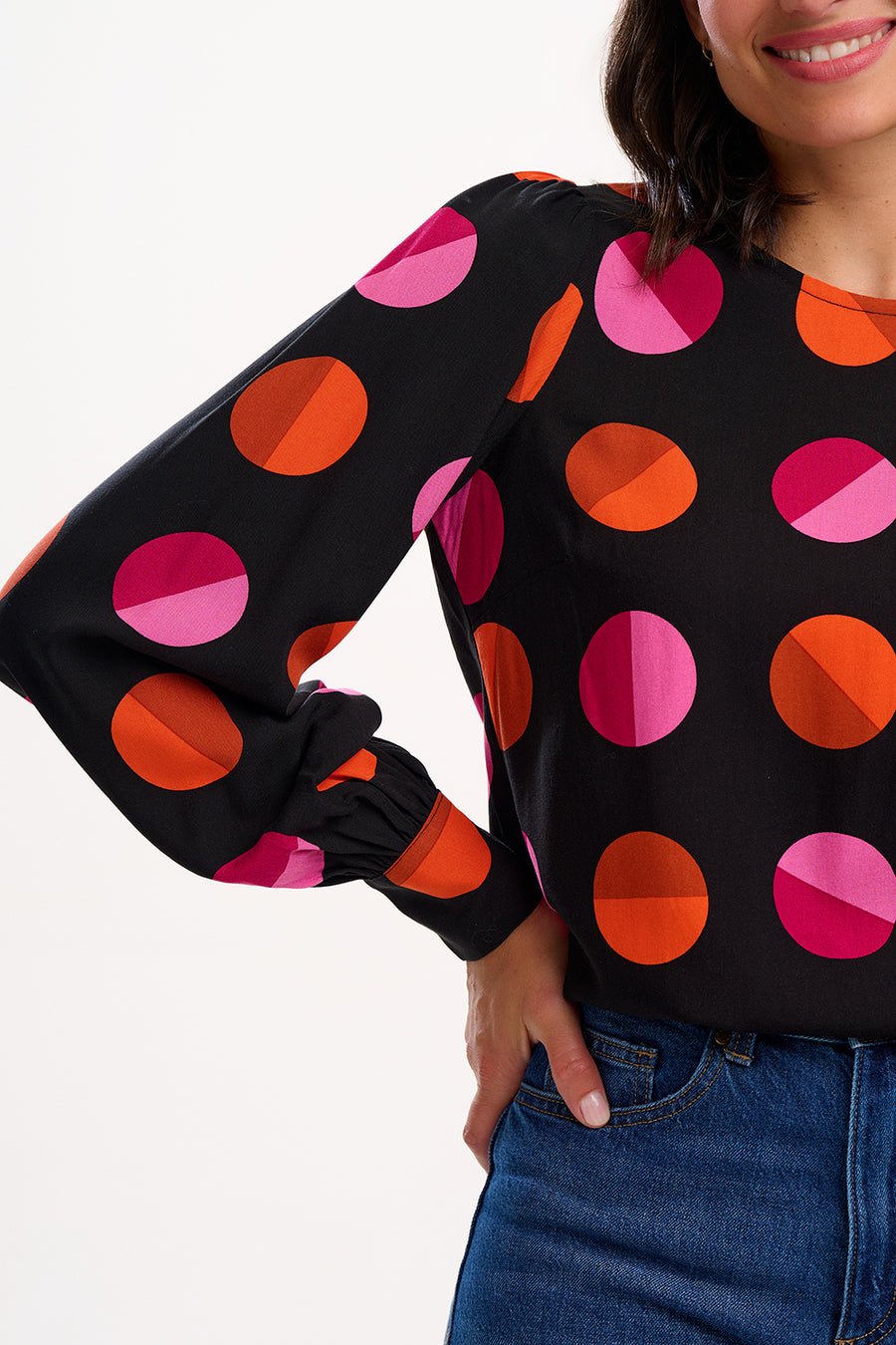 Ronnie Puff Sleeve Top in Black | Split Polka Dot