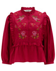 Wilhelmina Frill Blouse in Scarlet Red with Hummingbird Motif