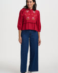Wilhelmina Frill Blouse in Scarlet Red with Hummingbird Motif