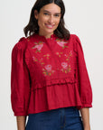 Wilhelmina Frill Blouse in Scarlet Red with Hummingbird Motif