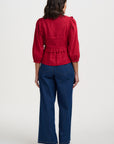 Wilhelmina Frill Blouse in Scarlet Red with Hummingbird Motif