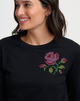 Brunswick Jersey Top in Black with Rose Cross Stitch Motif