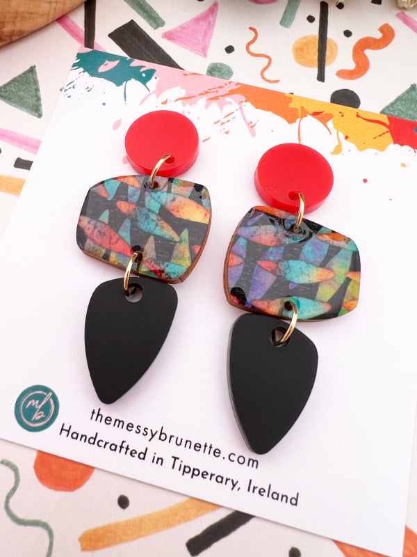 Long Drop Earrings with Orange Studs with Black Drops
