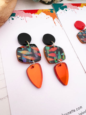 Long Drop Earrings with Black Studs with Orange Drops