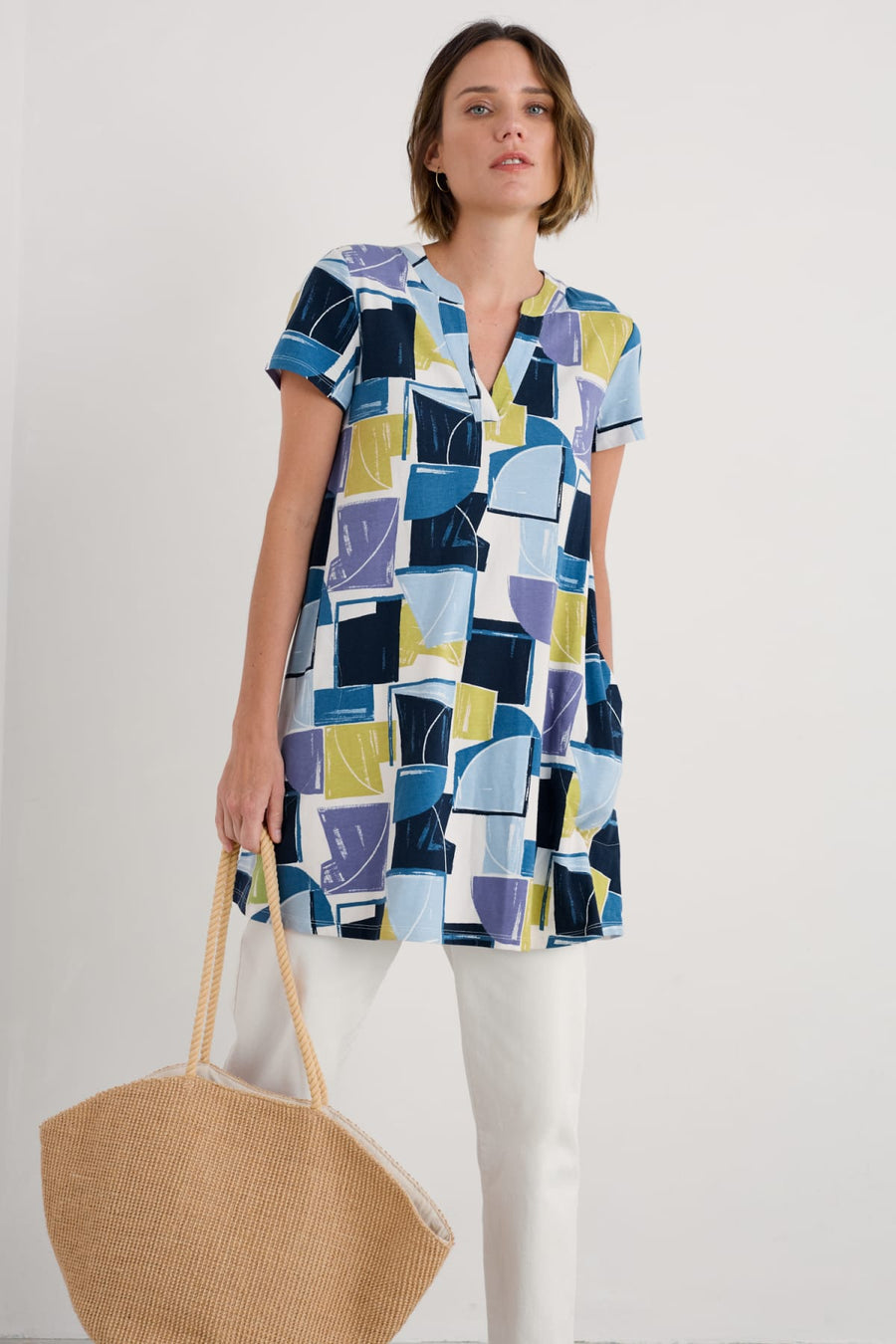 Wreathe Short Sleeve Jersey Tunic in Block Shapes Bilberry