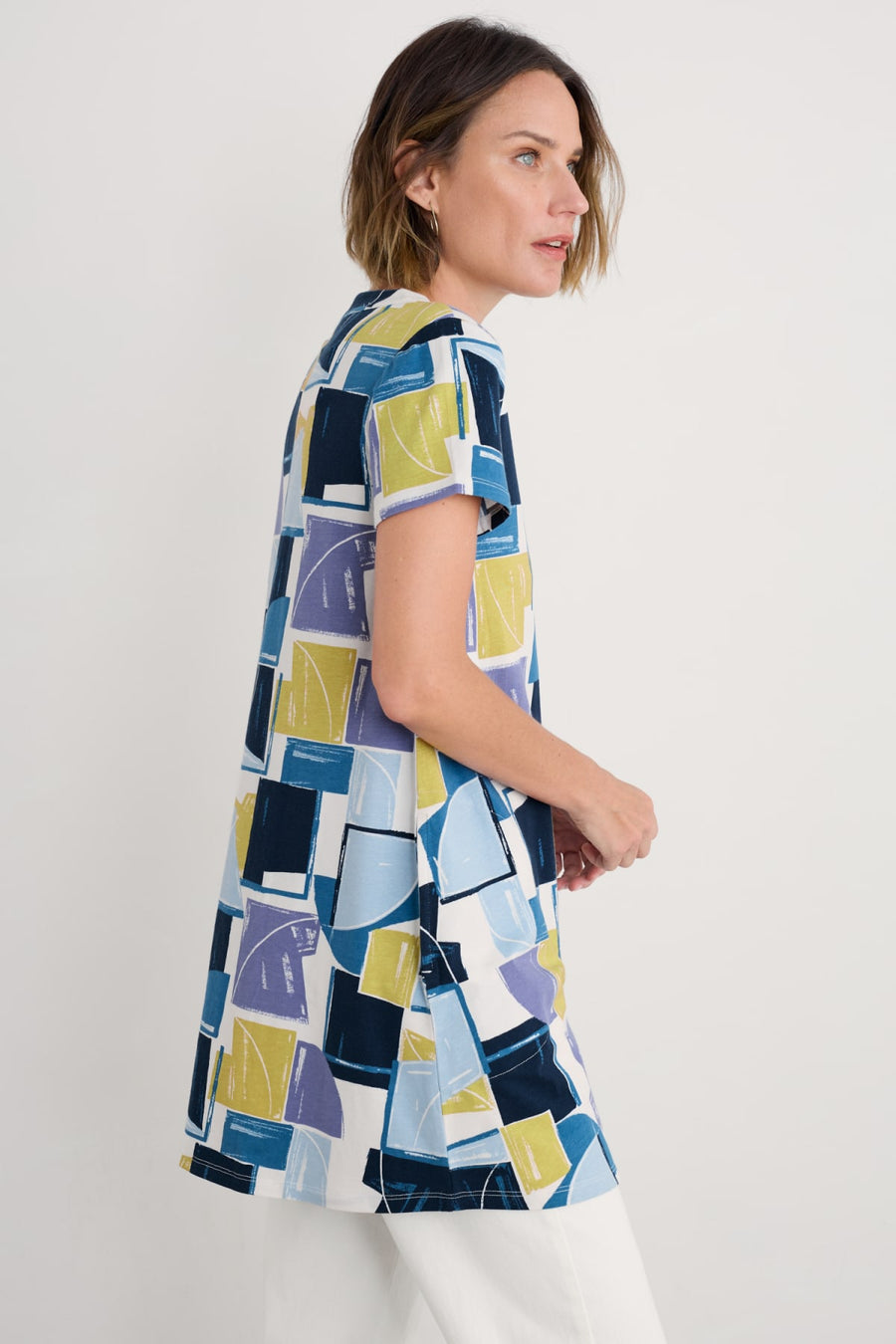 Wreathe Short Sleeve Jersey Tunic in Block Shapes Bilberry