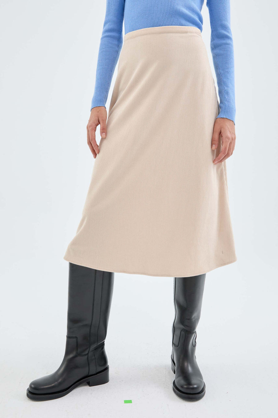 Beige High-Waisted Corduroy Midi Skirt
