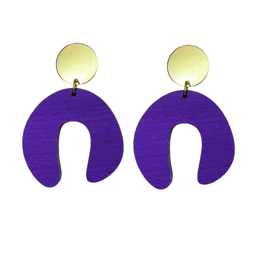 D Doodle Earrings in Wood and Brass Purple