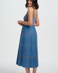 Murren Shirred Midi Dress in Washed Blue Denim