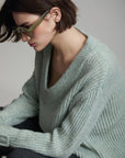 V Neck Sweater with Buckle Cuff in Sage Green