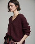 V Neck Sweater with Buckle Cuff in Burgundy