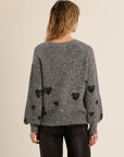 Balloon Sleeve Sweater with Heart Pattern