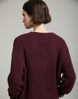 V Neck Sweater with Buckle Cuff in Burgundy