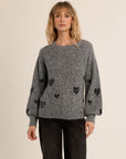 Balloon Sleeve Sweater with Heart Pattern