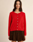 Round Neck Knit Cardigan in Red