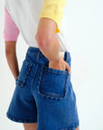 Blue Denim Shorts with Wavy Detail
