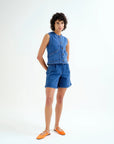 Blue Denim Waistcoat with Wavy Detail
