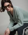 V Neck Sweater with Buckle Cuff in Sage Green