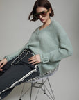 V Neck Sweater with Buckle Cuff in Sage Green