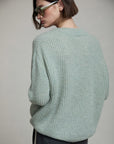 V Neck Sweater with Buckle Cuff in Sage Green