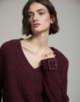 V Neck Sweater with Buckle Cuff in Burgundy
