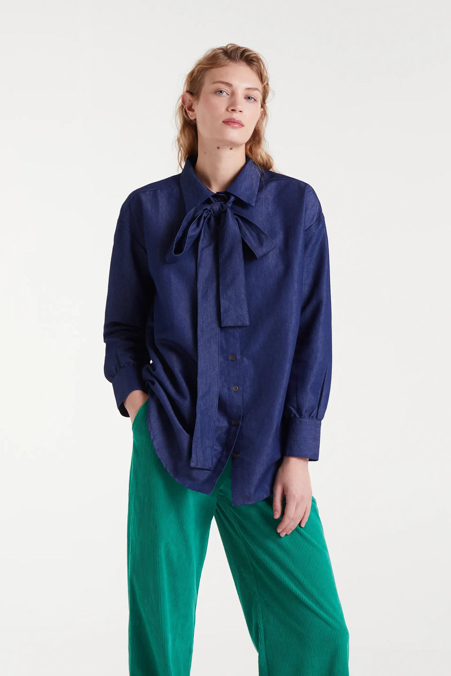 Blue Chambray Bow Tie Shirt