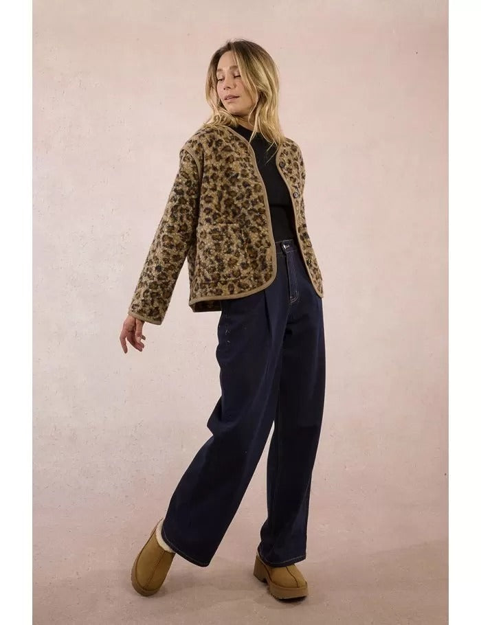 Textured Fur Effect Leopard Jacket