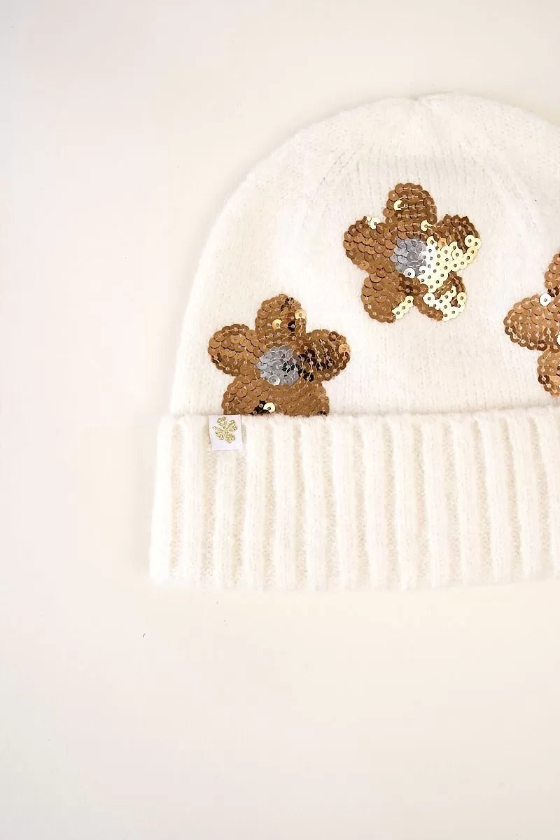 Off White Hat with Gold Floral Sequin Design